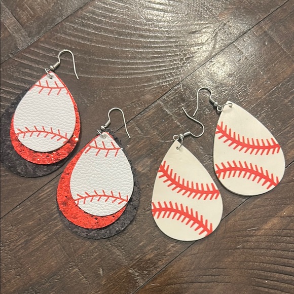 Baseball Teardrop Earrings - Red and White - Picture 1 of 10